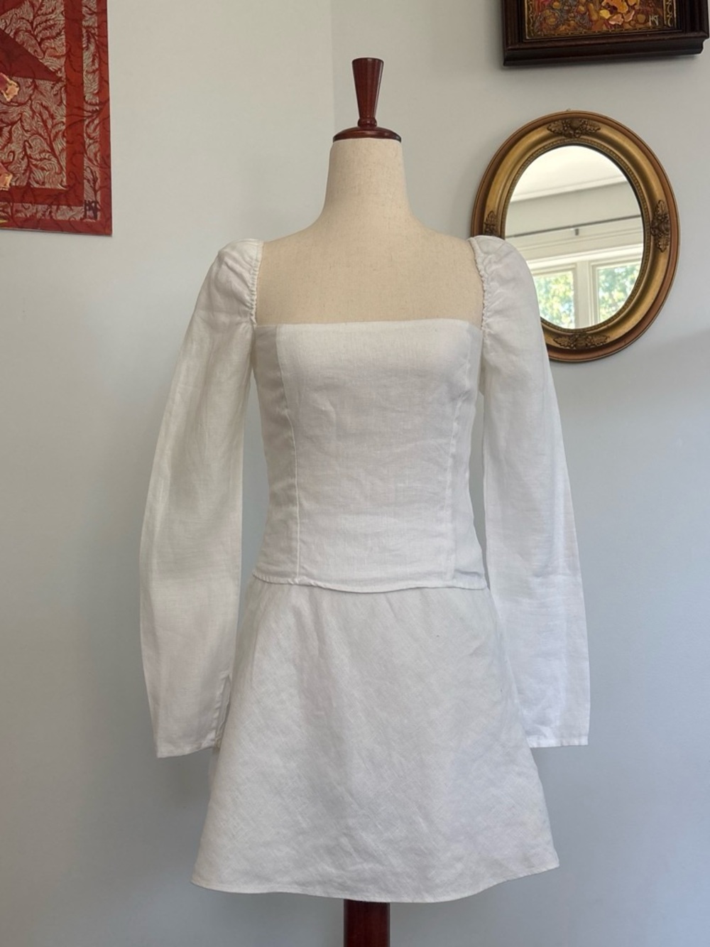Reformation White Linen Square Neck Long Sleeve Mini Dress